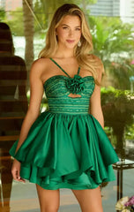 26354 - AVA PRESLEY - GLITTER HALTER ROSETTE MINI DRESS