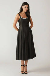 PEARL TRIM BLACK SATIN MIDI DRESS