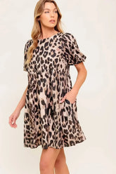 Size Medium, MARTINE LEOPARD MINI DRESS - TAUPE - FINAL SALE