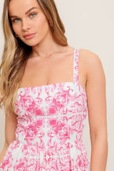 ROSALIE MIDI DRESS - PINK SCROLL PRINT