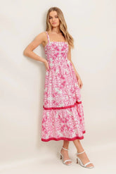 ROSALIE MIDI DRESS - PINK SCROLL PRINT