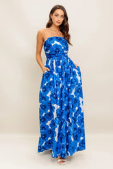Betsy Bold Blue Floral Strapless Maxi Dress