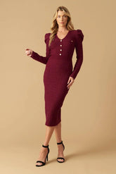 YOUNG LOVE - BURGUNDY - PUFF SLEEVE SWEATER DRESS