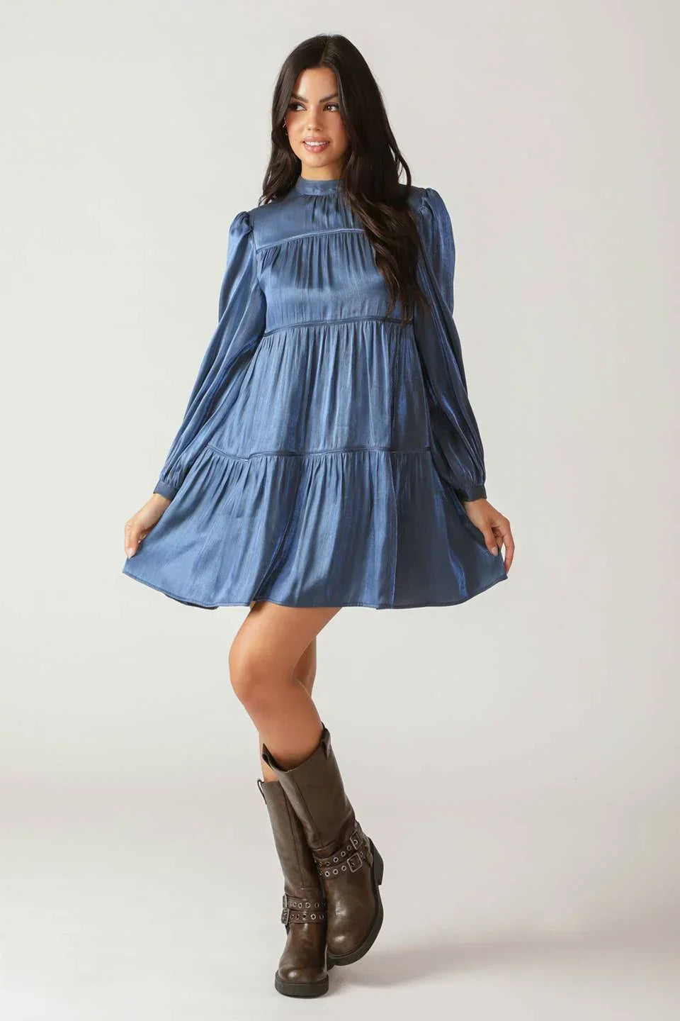 Size Medium, SERENITY CALLING WOVEN BABYDOLL MINI DRESS - BLUE - FINAL SALE