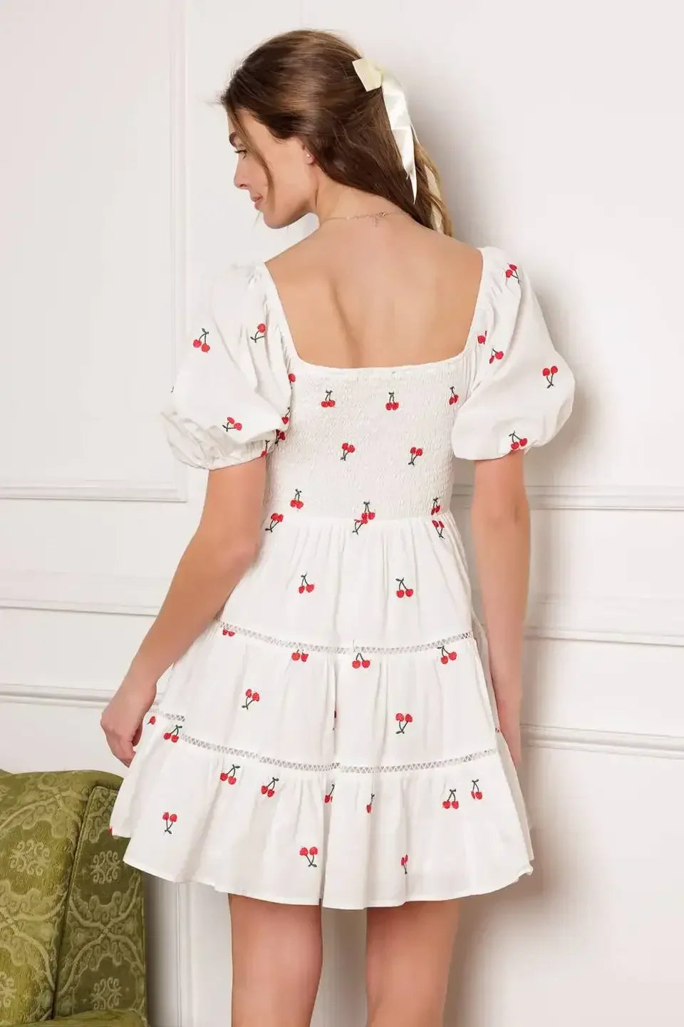 SUMMER DAYDREAMS CHERRY EMBROIDERED MINI DRESS