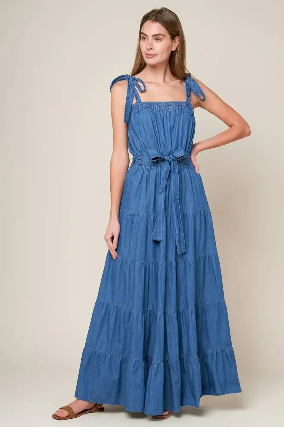 TRUDIE TIERED MAXI DRESS - BLUE CHAMBRAY