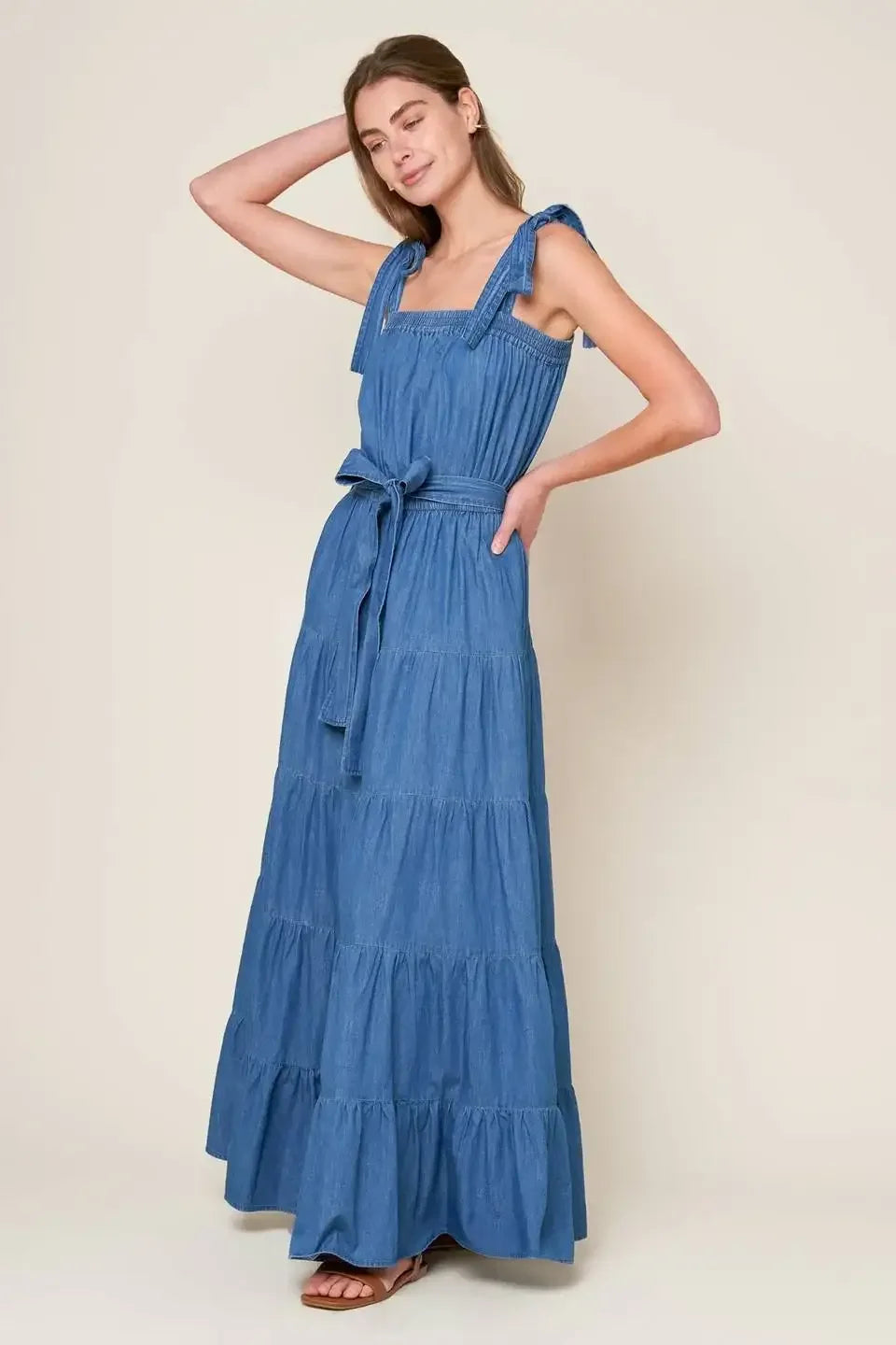 TRUDIE TIERED MAXI DRESS - BLUE CHAMBRAY