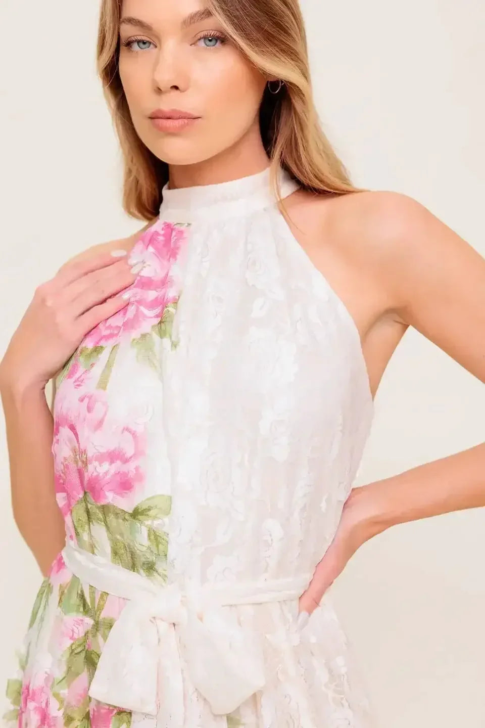 Size Small, ROSE GARDEN - IVORY LACE HALTER MAXI DRESS - FINAL SALE