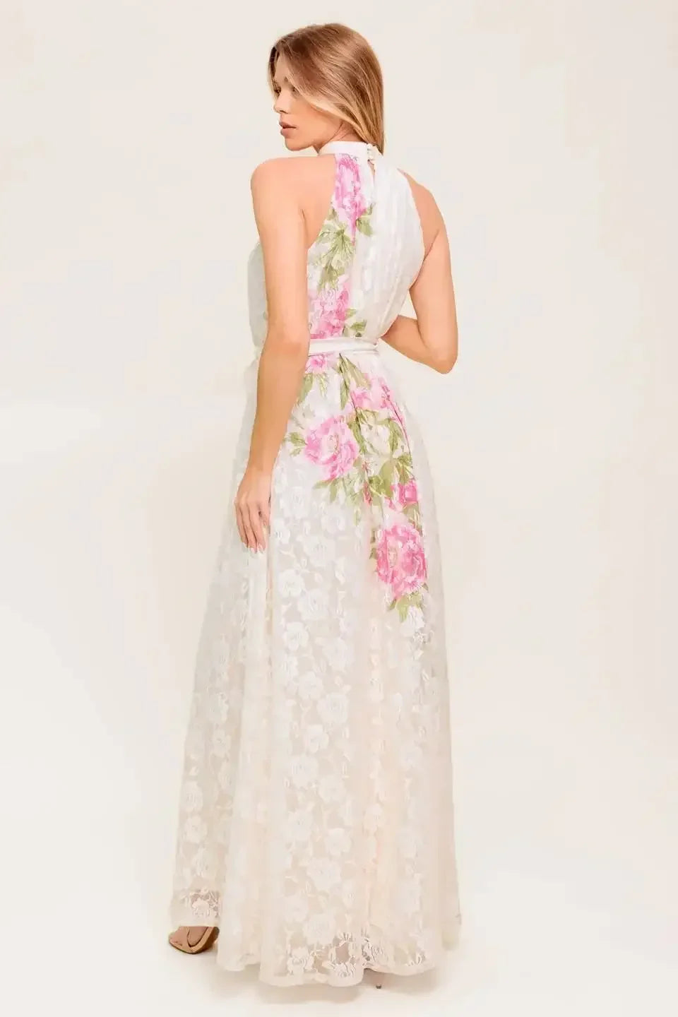 Size Small, ROSE GARDEN - IVORY LACE HALTER MAXI DRESS - FINAL SALE