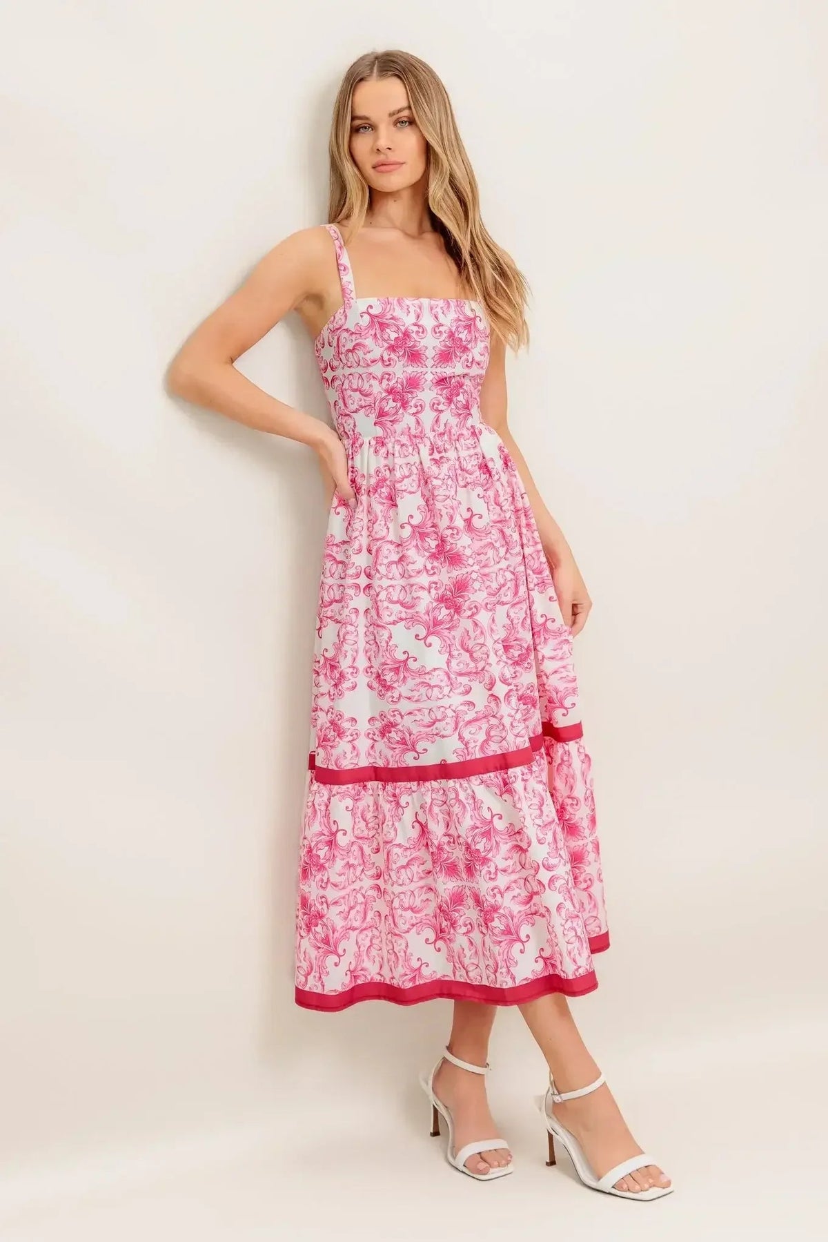 ROSALIE MIDI DRESS - PINK SCROLL PRINT