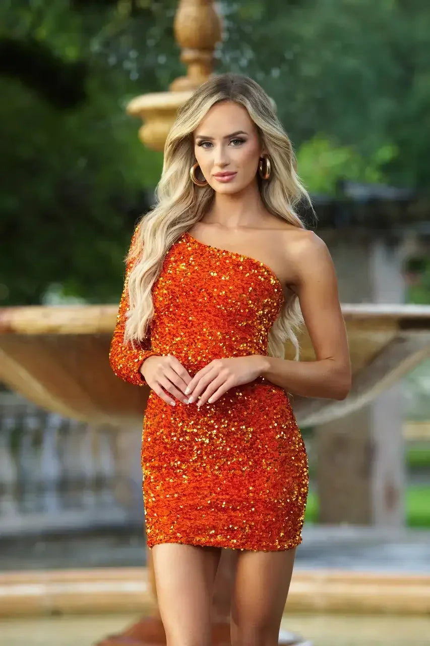 Rita One Sleeve Sequin Mini Dress - Burnt Orange