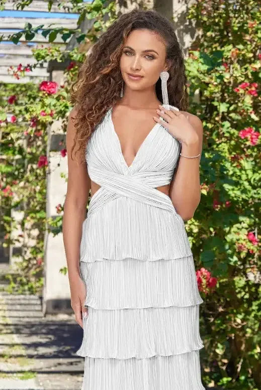 Saylor Pleated Satin Ruffle Maxi Dress - White